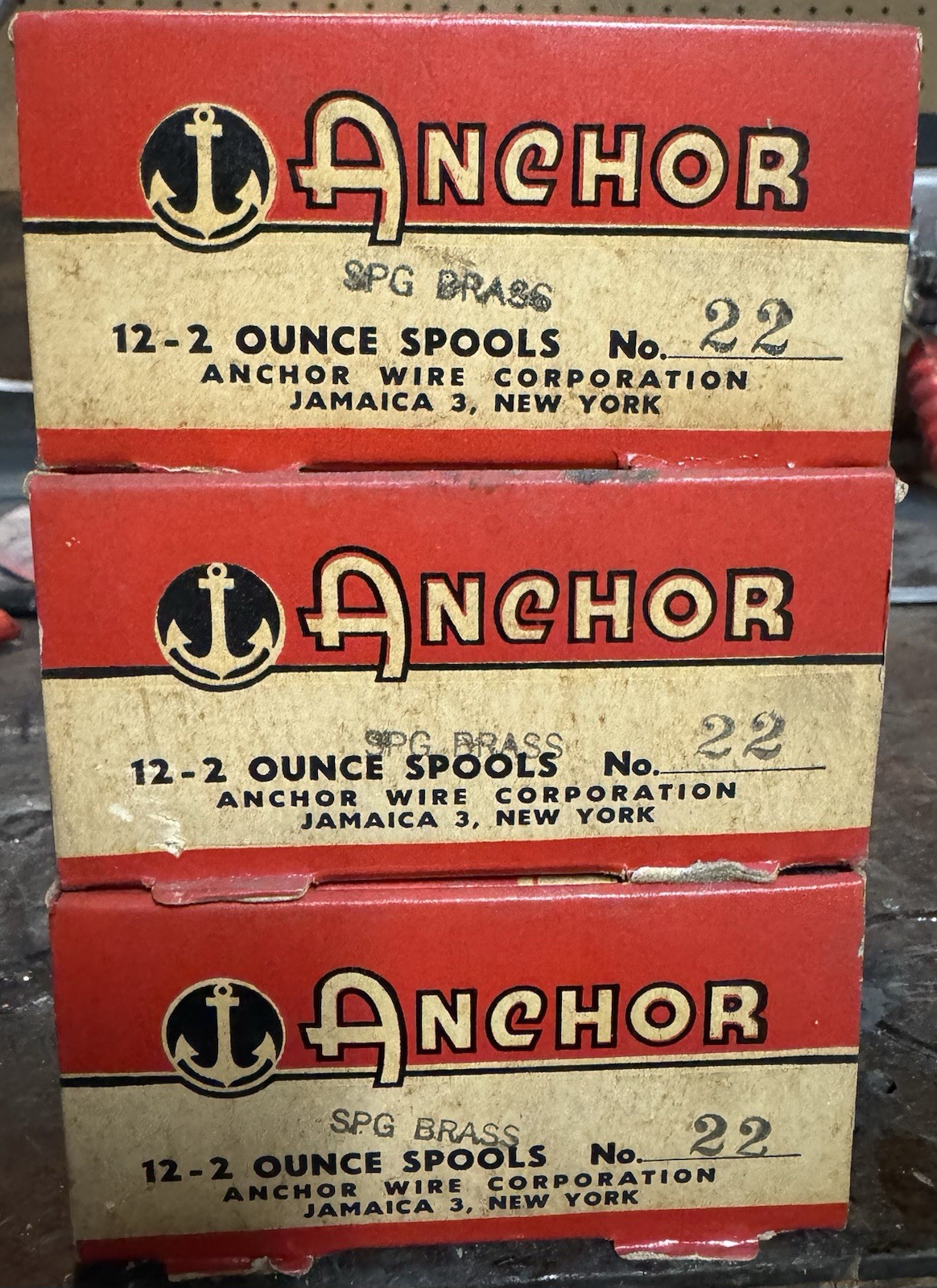 Vintage Anchor SPG Brass Wire No 22 - NOS - 36 Wooden Spools - Pre-ZIP Boxed Set