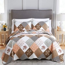 Dinjoy Floral Plaid Patchwork Quilt Set Queen Size, Reversible Queen, Brown