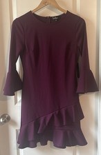 Lulus Dress Medium Womens Bell Sleeve Rear Zip Ruffled Plum NWT