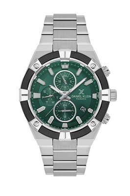 Mens 45mm Quartz Watch Steel Strap Silver / Green Dial Day-Date calendar,
