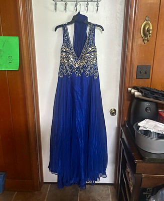 Fashunize Blue Beaded Sequin Chiffon Formal Dress 100% Polyester