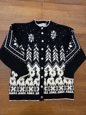 The Eagles Eye Studio Vtg Wool Cardigan Sweater Reindeer Snowflake Black Medium