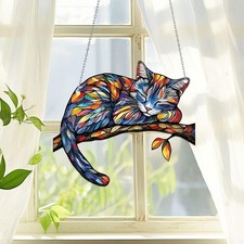 Sleeping Cat Suncatcher Window Hanging Stained Glass Style Home Decor