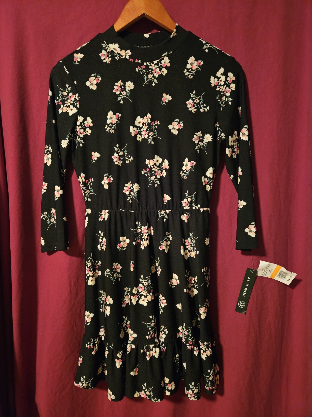 Floral Black 3/4 Sleeve Mini Dress by As U Wish NWT Size Small