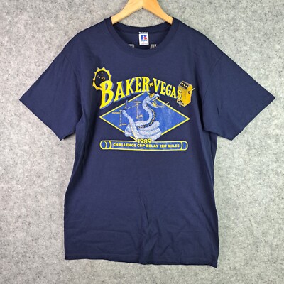 Vintage Baker To Vegas Shirt Mens Large Blue 1989 Challenge Cup Relay 120 Miles