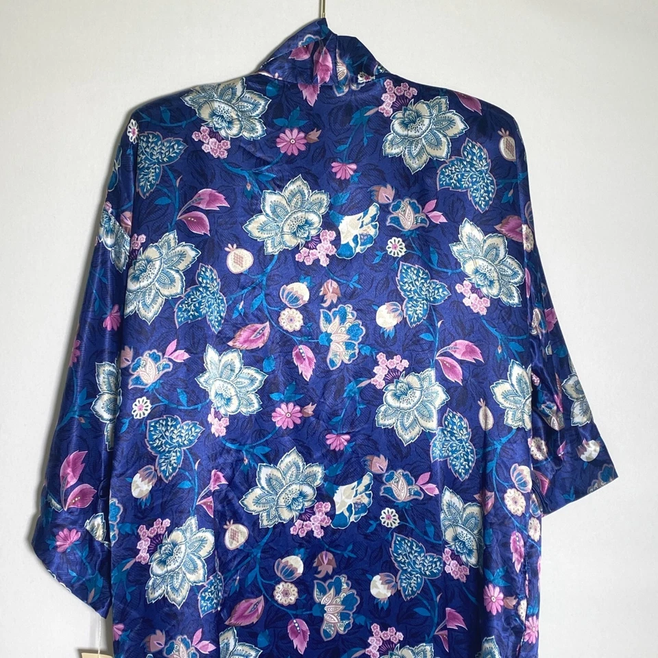 Vintage California Dynasty Slip & Robe Set Navy Blue Floral Silky Satin New Sz S - Image 3 of 4