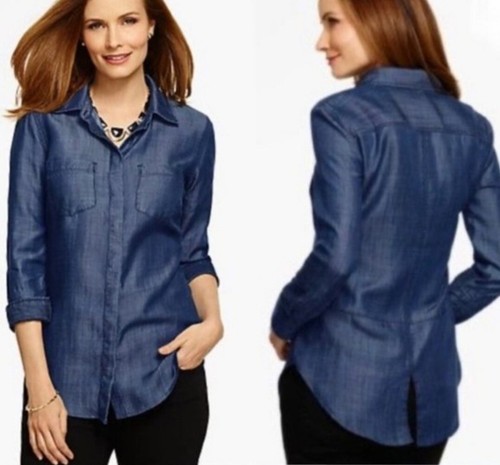Talbots Petites Chambray Lyocell Button-Up Long Sleeve Slit Back Shirt Size Mp