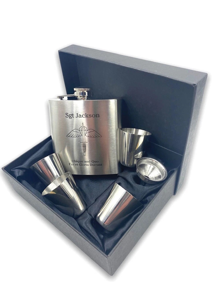Personalised Engraved Hip flask Any Logo Any Text 6oz Metal Hipflask Gift Set - Image 2 of 4