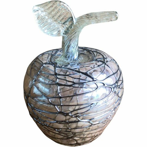 Apple Art Glass 3D Threaded Silver Swirled Overlay Iridescent 7" Hand Blown - Picture 2 of 11