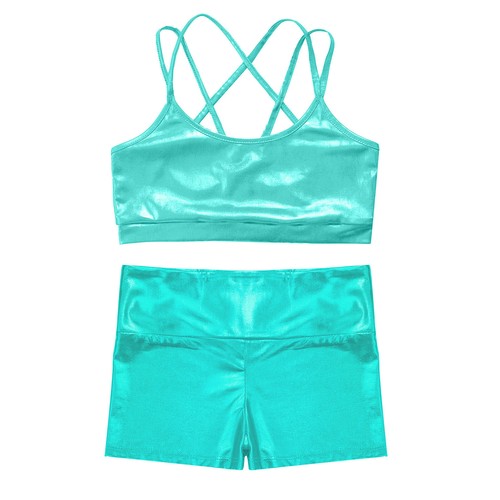 Kids Girls Hip Hop Dance Outfit Metallic Crop Top with Shiny Shorts Dancewear - Picture 11 of 36