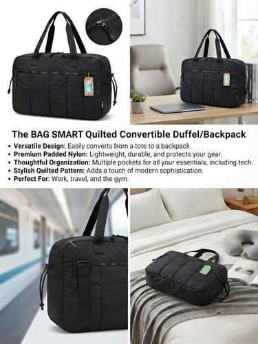Bagsmart Black Quilted Travel Duffel Bag- Lightweight Overnight Weekender- Strap
