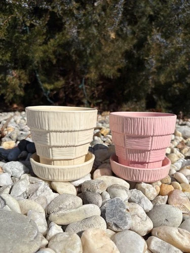 Vintage McCoy Basket Weave 4" Plant Pots w/ Attached Saucer MCM Cottage Garden