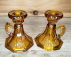 Pair vintage Anchor Hocking short glass Amber Candlesticks w/handles M982