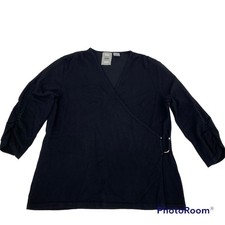 VERVE Black Wrap Style Knit Top Shirt Draped Dolman Sleeve Ring Detail XL Casual