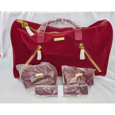 Joy & Iman Burgundy Velvet Weekender Duffel Bag Set with Cosmetic Pouches Gold
