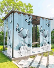 Outdoor Curtains Waterproof for Patio, Blue Retro Laser Tulip Flower Butterfl...