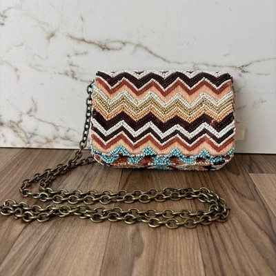 VTG Santi Geometric Chevron Beaded Crossbody Shoulder Handbag Boho Colorful NWT