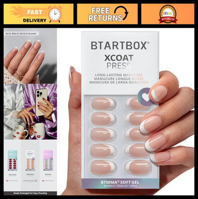 Short Press On Nails Kit - 30 Oval White French Tips, Soft Gel Glue, 15 Sizes