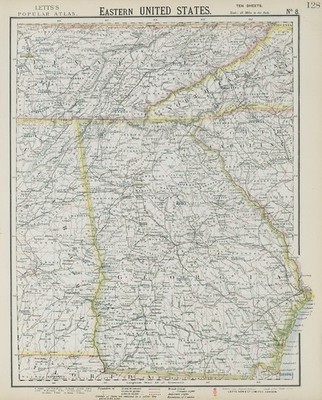 Georgien & Südliche Appalachen. Alabama Tennessee NC SC Railroads. LETTS 1884 Karte