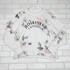 Hollister California Floral Graphic Sweatshirt White Pink Raglan Raw Hem Small