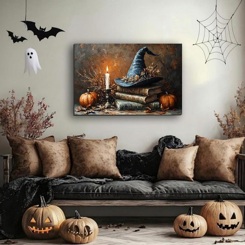 Framed Halloween Canvas Wall Art 8x12 Witch Hat Pumpkin Vintage Spooky Decor - Picture 4 of 8
