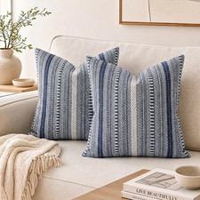 Navy Blue Boho Decorative Throw Pillow Covers Set of 2 22x22 Inch Woven Stripe