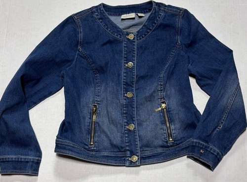 Chico’s Denim Cropped Jean Jacket Size O Gold Look Hardware Med Wash Casual