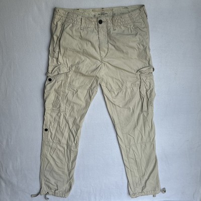 H&M LOGG Cargo Pants Men's W34 L41 Light Kaki Button Pockets Drawstring Ankle