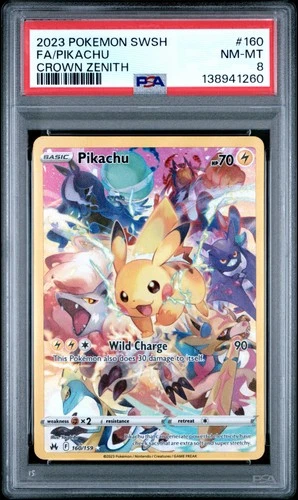2023 POKEMON SWORD & SHIELD CROWN ZENITH #160 FULL ART/PIKACHU PSA 8