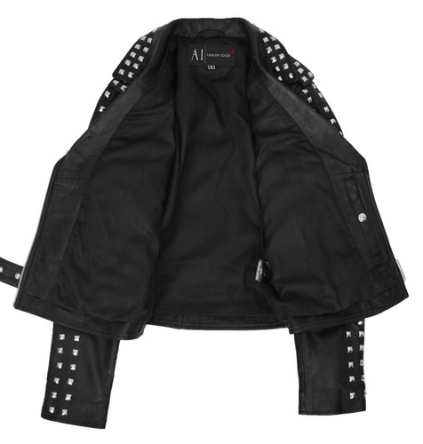 Womens Black Leather Biker Jacket Studded Detail Fitted Brando Motorcycle Style - Picture 6 of 8