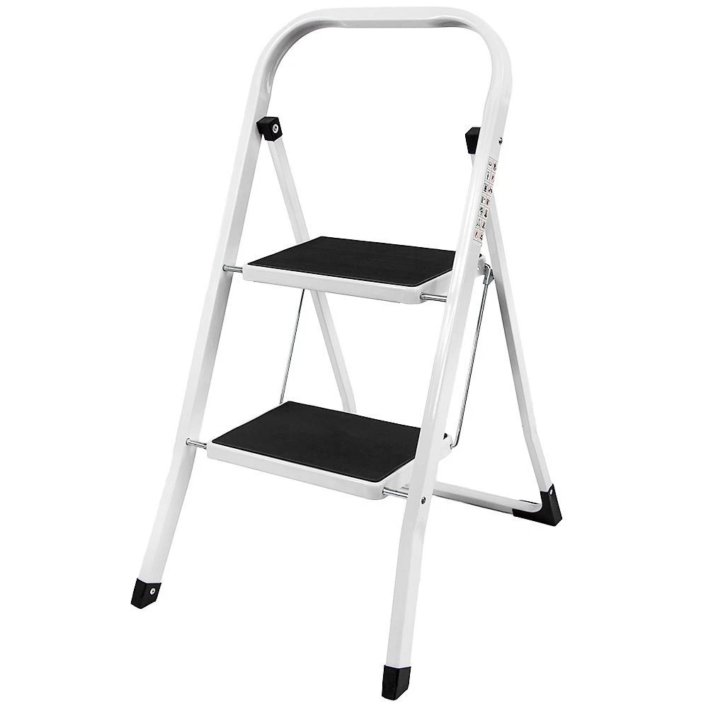 2 Step Ladder Folding Iron Stool Safe Anti Slip Tread Mat White