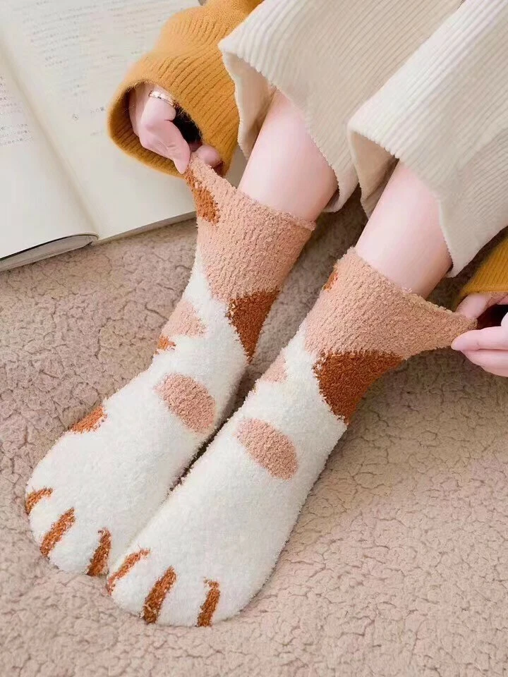 6 Pairs Warm Winter Socks Girls Kitty Cat Paws Cute Thick Warm Sleep Floor S~M - Image 4 of 4