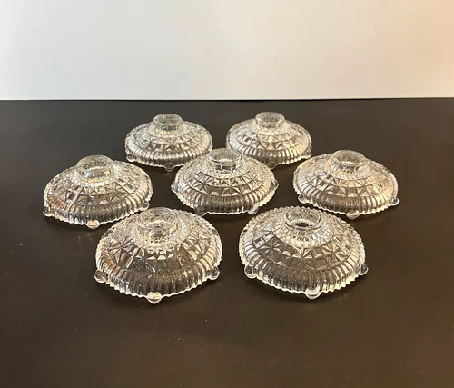 7 VTG Anchor Hocking Domed Glass CANDLE HOLDERS Wedding Stars & Bars 1924-1965