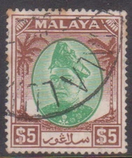 (F275-7) 1949 Malaya $5 green & brown stamp(G) 