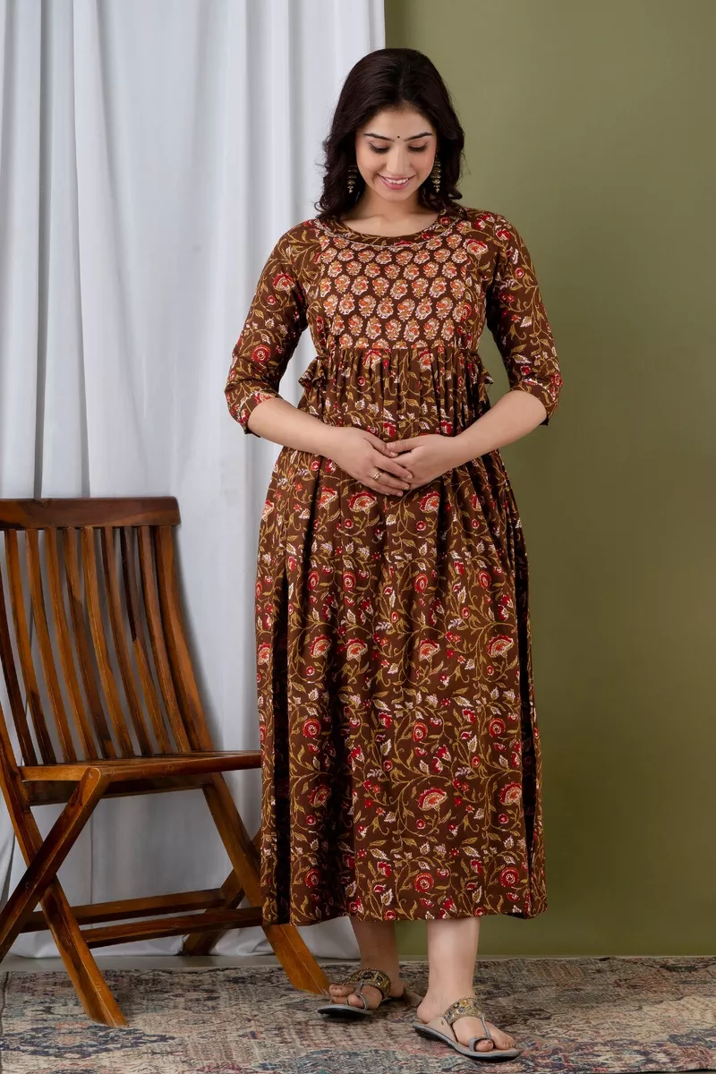OLIVE THREAD AND SEQUINCE EMBROIDERED WORK COTTON ANARKALI LONG GOWN SEMI  STITCHED - SHUBHKALA - 3960268