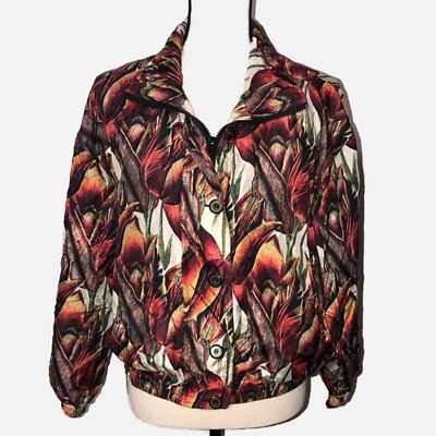 Keren Hart Vintage Silk Track Jacket Small Tulip Print Brown Rust Green Zip FLAW