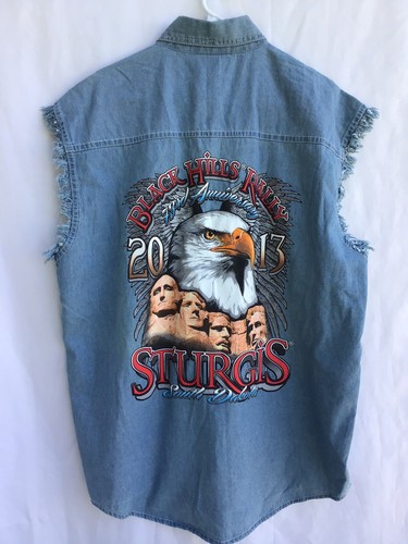 Biker Wear Sturgis Black Hills Rally 2013 Mens Button Up Denim Cut Off XL - 第 7/10 張圖片