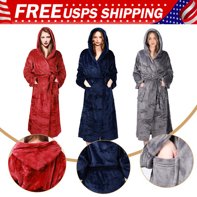 Plush Robes For Women Soft Fleece Bathrobes Nightgown Long Hooded Fleece Robe