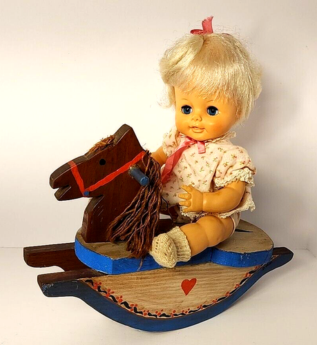 Vintage 80s Doll Rocking Horse Handmade 1988 Fits 12" Baby Wood Folk Art Display - Picture 2 of 11
