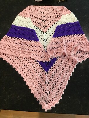 Knitted Triangle Scarf.  White, Pink, Purple in Near Mint Condition, Very Warm