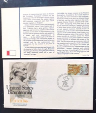 AMERICAN INDEPENDENCE CANADA BEN FRANKLIN 1976 FLEETWOOD CACHET FDC + INFO CARD