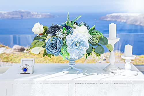 AUSOGO Kunstblumen Kombi Box Set, Seide Kunstblumen Rosen weiß&blau - Bild 4 von 7