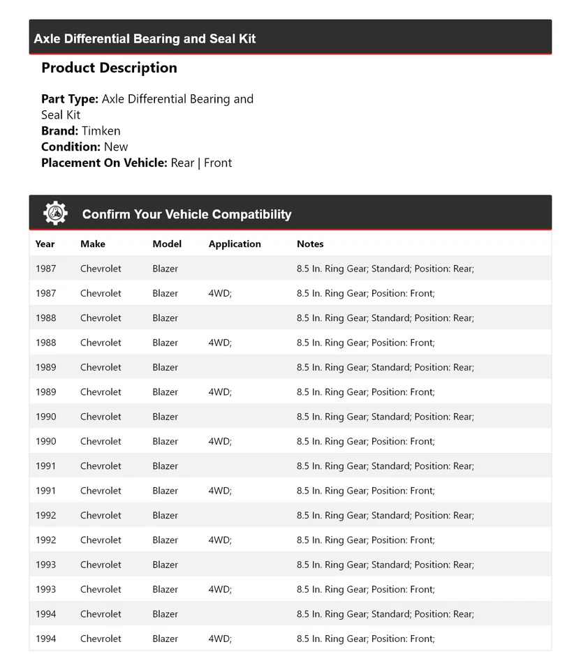 Kit de cojinete y sello diferencial de eje para Chevrolet Blazer 1987-1994 Timken Foto 2 de 3