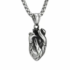 Solid Stainless Steel Mens Anatomical Real Human Heart Pendant Necklace