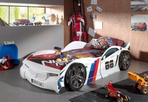 Lit de voiture Monza Super Racer | lit de jeu blanc simple de 3 pieds pour enfants | alliages 3D + barbecue - Photo 1 sur 1
