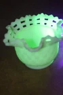 Vintage Fenton Basket Weave Ruffle Lace Edge Uranium Satin Custard Bowl
