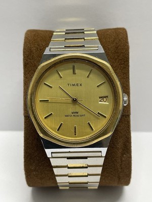 Rare 1982 Timex Marlin Manual Wind Men's Watch Two Tone with Date 37mm It Works!