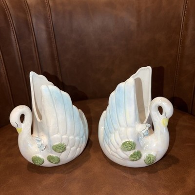 Vtg swan planters set of 2  iridescent vessel vase nick knack cottage core