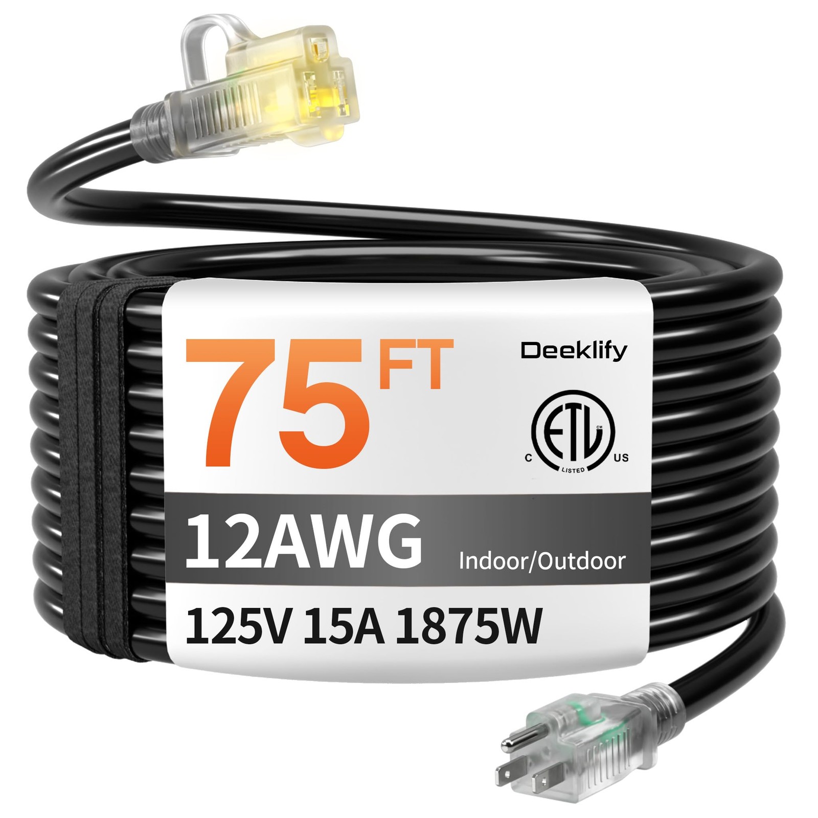 12AWG 75 FT Heavy Duty Outdoor Extension Cord Waterproof with Lighted End,Black