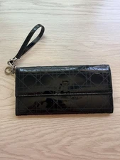 Christian Dior Lady Dior Cannage Wallet Black Patent Leather Large Clutch - No D